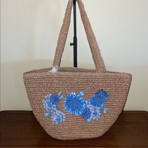 Made In India | Beaded Blue Flower Hobo/Raffia Bag